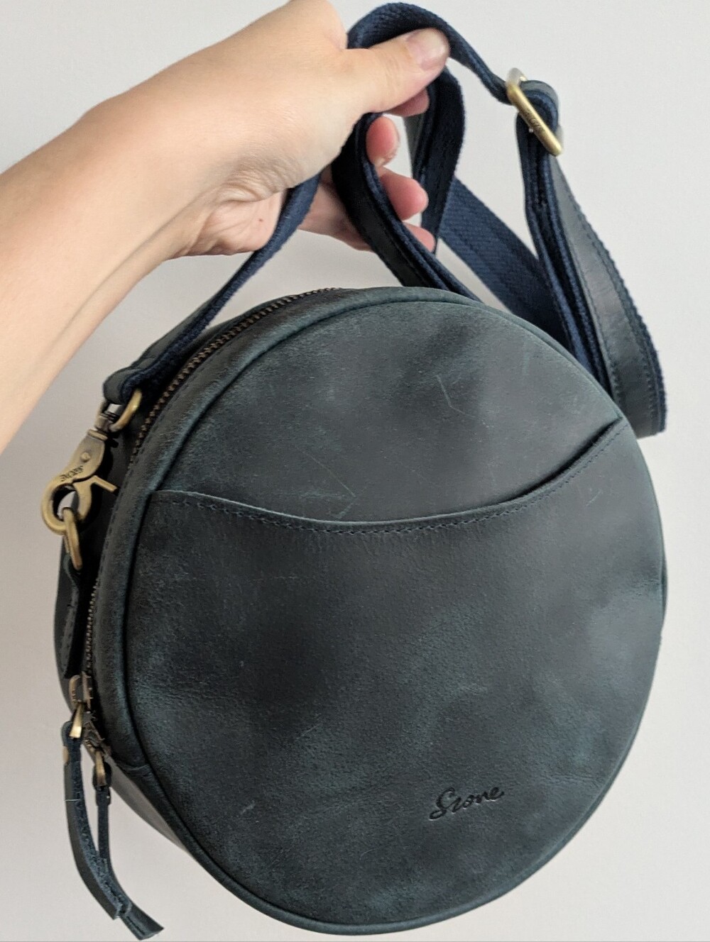 Round Dark Green Leather Crossbody Bag with Gold Hardware